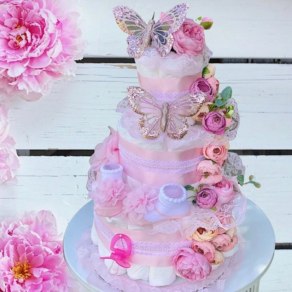 Flowers Diaper Cake, Peonies Diaper Cake